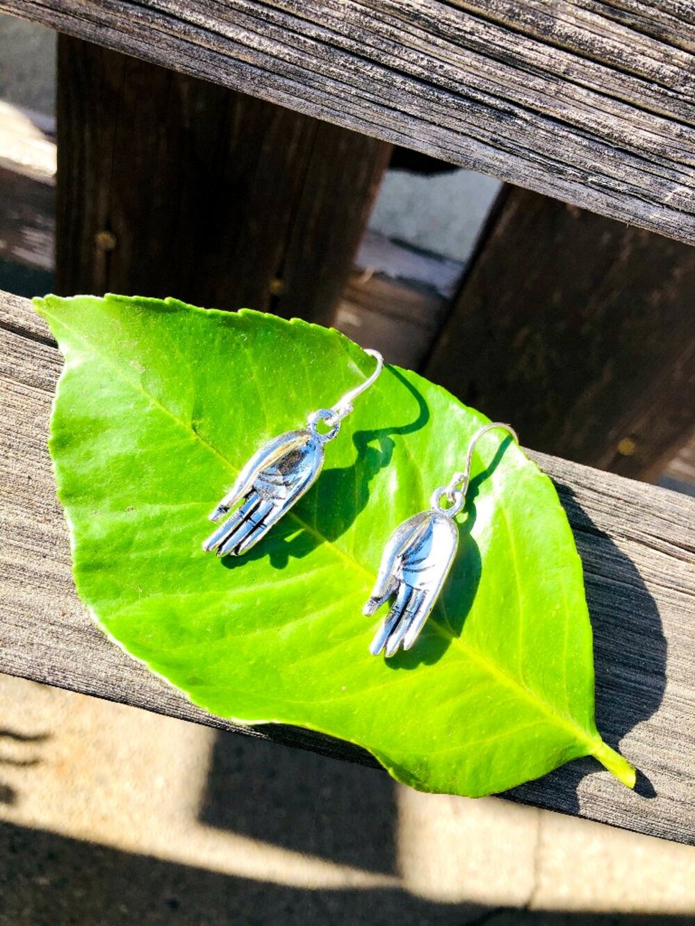 Silver Tone Brass Little Hand Earrings Chin Mudra Jnana Mudra Bohemian Jewelry
